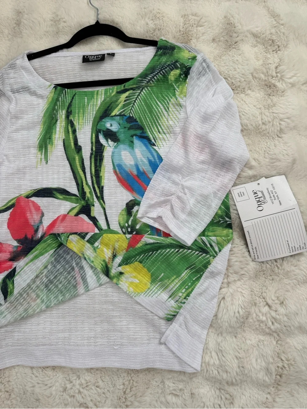 Onque Casuals White Top with Black Trim and Green Print - Picture 3 of 8